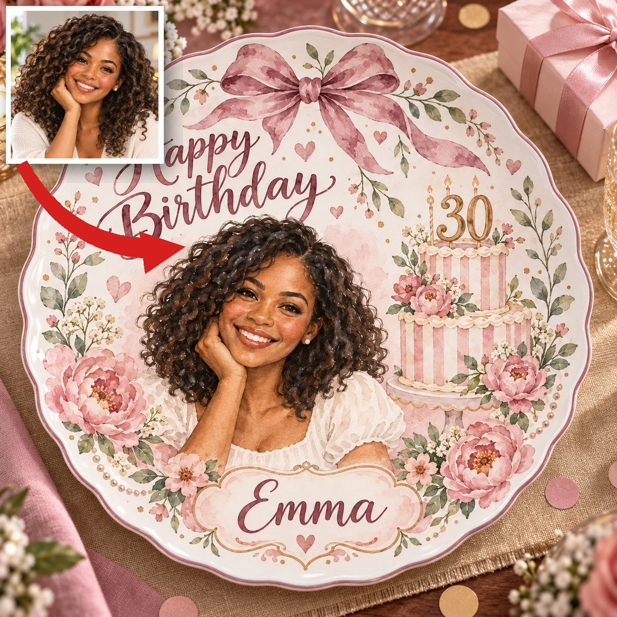 Personalized Birthday Ceramic Round Plate - Scalloped Floral Watercolor Portrait Gift