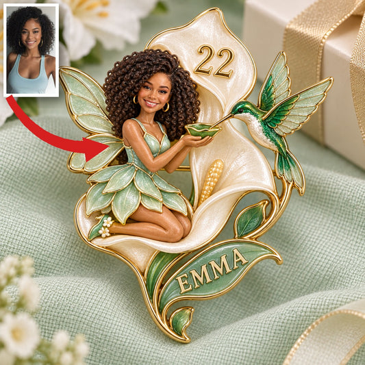 Personalized Birthday Hummingbird Brooch - Fairy Portrait, Calla Lily, Name and Age