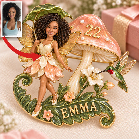Personalized Fairy Garden Brooch - Birthday Gift with Custom Photo, Name and Age, Mushroom and Hummingbird