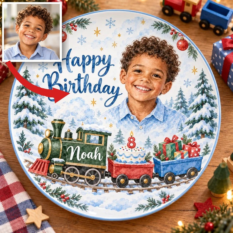 Personalized Christmas Train Ceramic Plate - Birthday Watercolor Portrait, Custom Name and Age