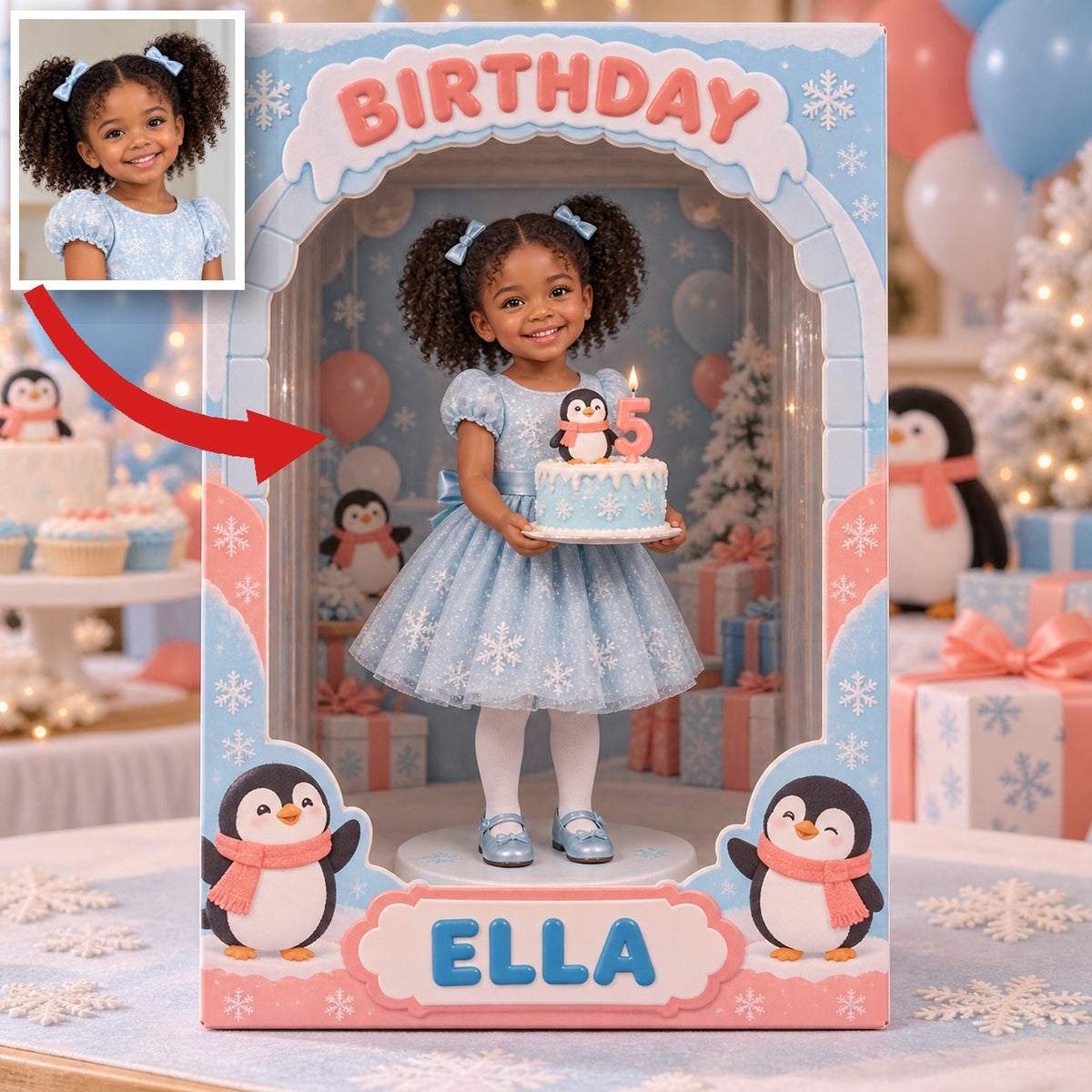 Personalized Custom Photo Penguin Acrylic Display Box - 5th Birthday Gift for Girls