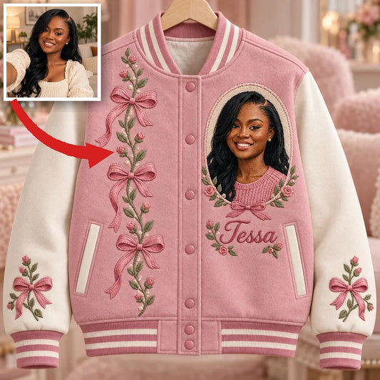 Personalized Rose Bow Varsity Jacket - Women's Birthday Gift with Portrait and Name