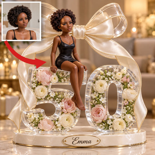 Personalized Custom Photo Floral Acrylic Number Figurine Display - 50th Birthday Gift for Women