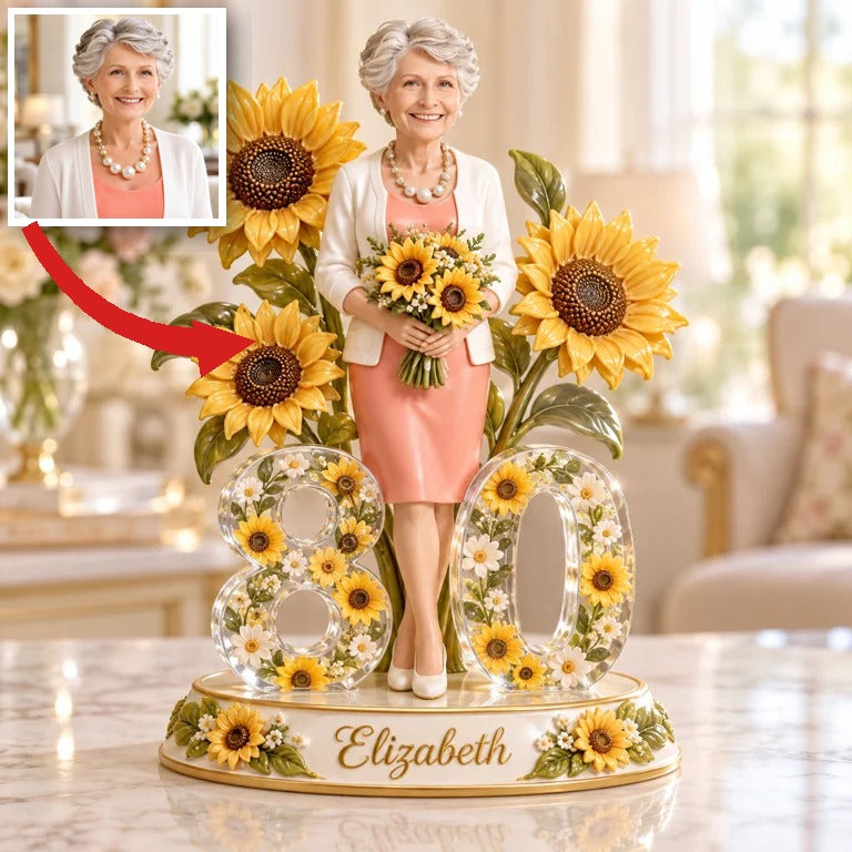 Personalized Birthday Figurine - Custom Portrait, Sunflower Keepsake Gift