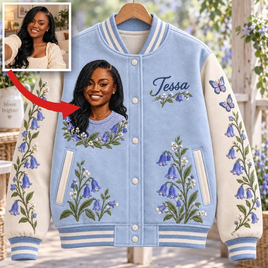 Personalized Bluebell Varsity Jacket for Women - Embroidered Portrait and Name