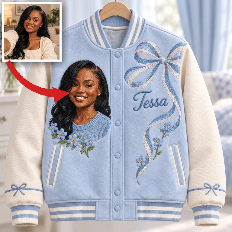 Veste Varsity Personnalisée Bleu avec Nœud - Cadeau d'Anniversaire Femme