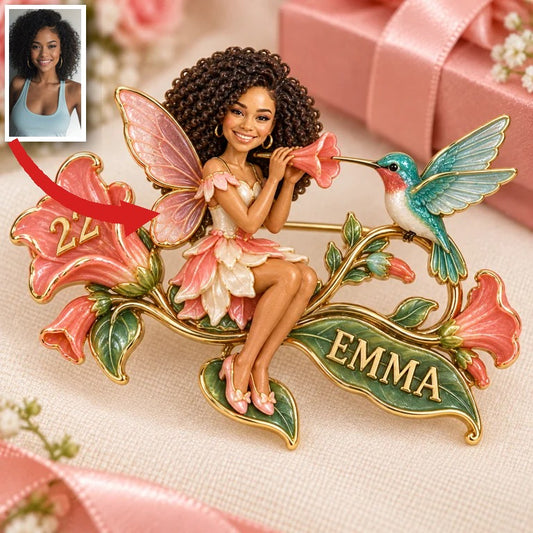 Personalized Flower Fairy Brooch - Birthday Gift with Custom Photo, Name and Age, Hummingbird and Trumpet Flowers