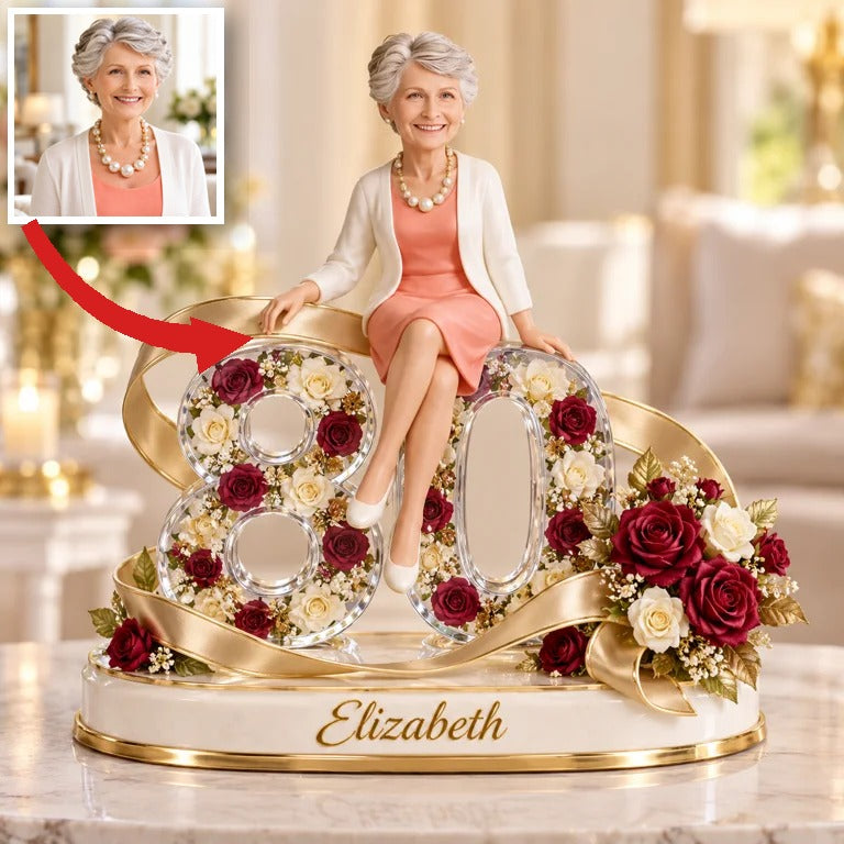 Figurine d'anniversaire personnalisée - Portrait sur mesure, cadeau souvenir en rose et ruban