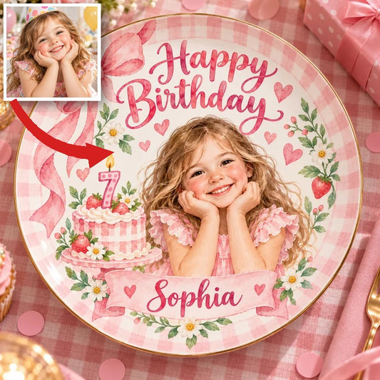 Personalized Birthday Ceramic Round Plate - Custom Portrait, Name and Age, Pink Bow and Floral Design