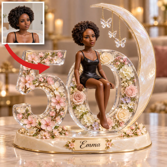 Personalized Custom Photo Crescent Moon Acrylic Number Figurine Display - 50th Birthday Gift for Women