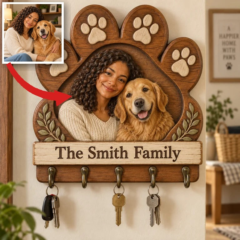 Personalized Dog Key Rack - Paw Shape with 5 Hooks