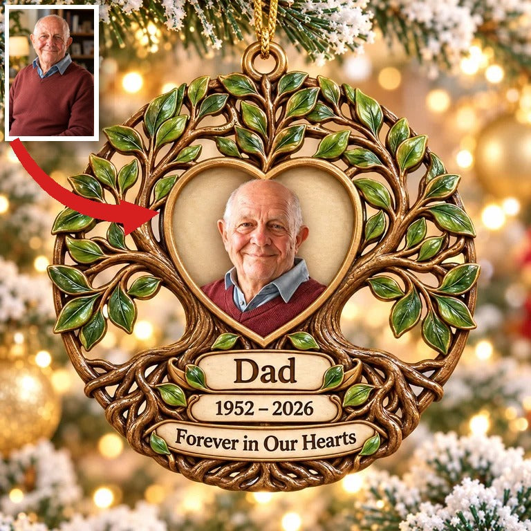 Personalized Custom Photo Dad Memorial Tree of Life Layered Wood Ornament - Christmas Remembrance Keepsake