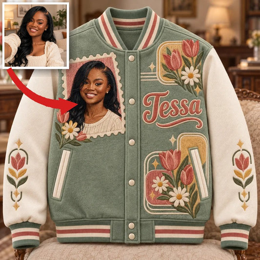 Personalized Birthday Varsity Jacket - Retro Floral Portrait and Name