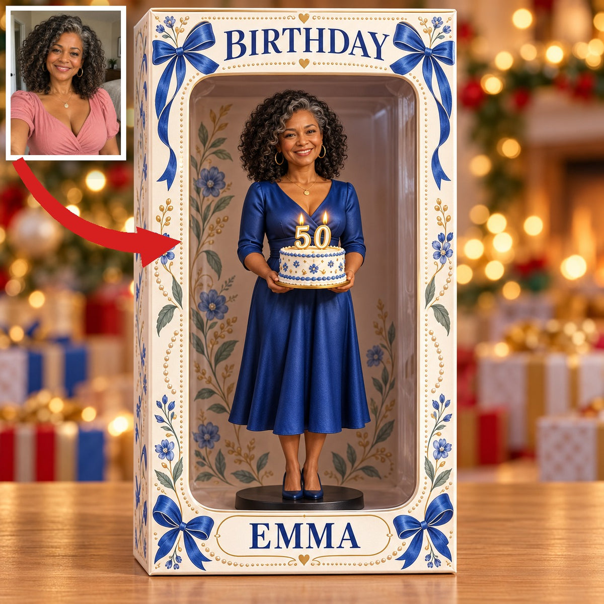 Boîte d'affichage figurine en ruban bleu photo personnalisée - Cadeau d'anniversaire pour femmes de 50 ans