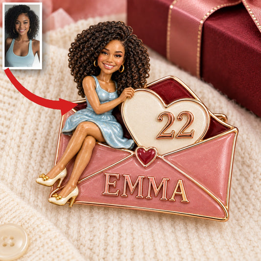 Personalized Birthday Envelope Brooch - Heart Card, Portrait, Name and Age