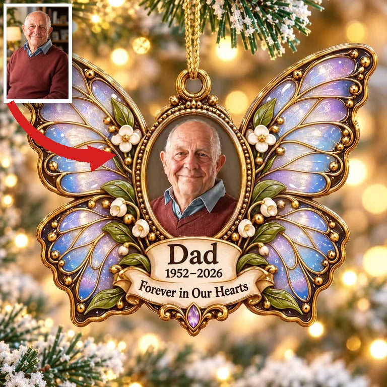 Personalized Custom Photo Dad Memorial Butterfly 3D Ornament - Christmas Remembrance Keepsake