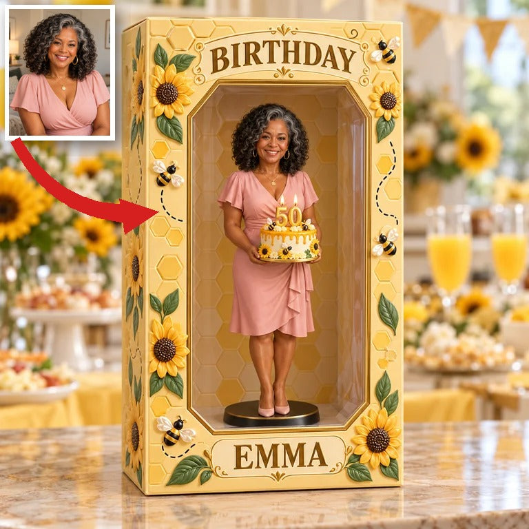 Personalized Custom Photo Sunflower Bee Figurine in Acrylic Display Box - 50th Birthday Gift for Women