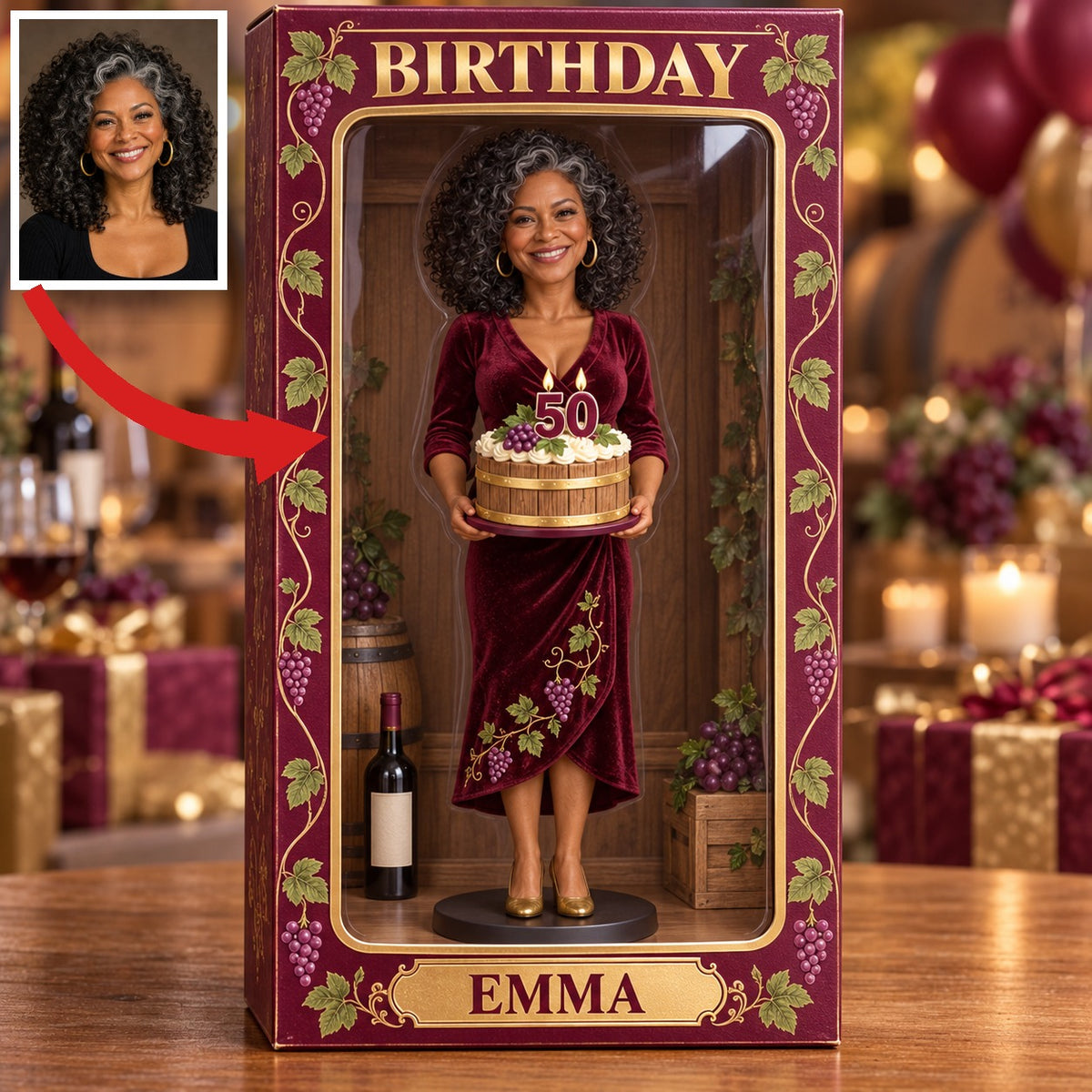 Personalized Wine Lover Acrylic Display Box - 50th Birthday Photo Figurine Keepsake