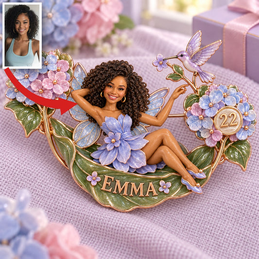 Personalized Hydrangea Hammock Dream Fairy Brooch - Birthday Gift with Custom Photo, Name and Age