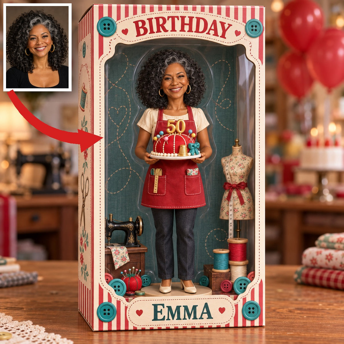 Personalized Sewing Acrylic Display Box - Birthday Portrait Figurine Gift