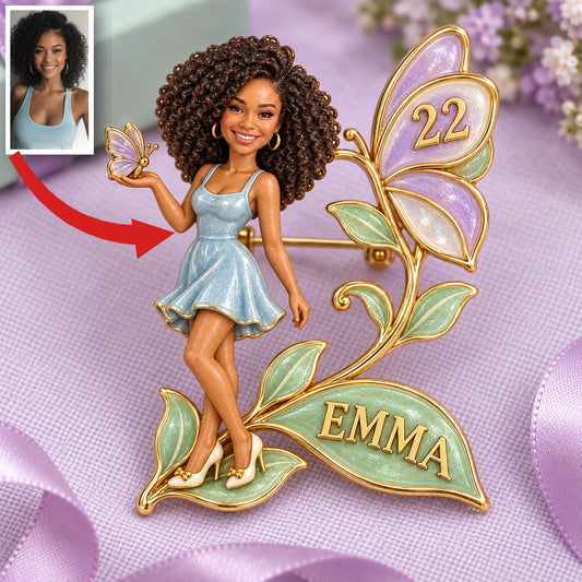 Personalized Birthday Butterfly Brooch - Sculpted Portrait, Name and Age
