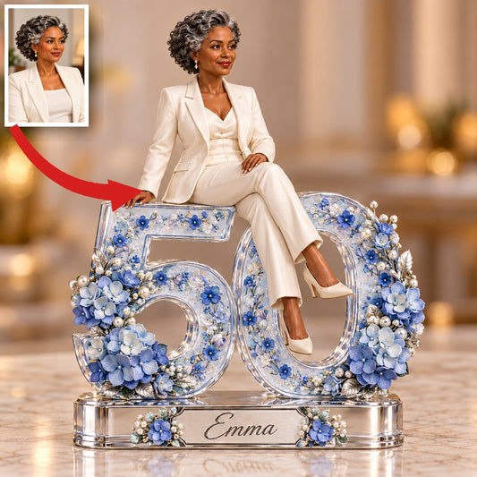 Personalized Custom Photo Blue Hydrangea Custom Shaped Acrylic Plaque - 50th Birthday Gift for Women