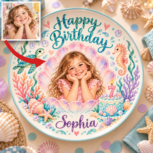Personalized Birthday Ceramic Round Plate - Ocean Watercolor Portrait Gift