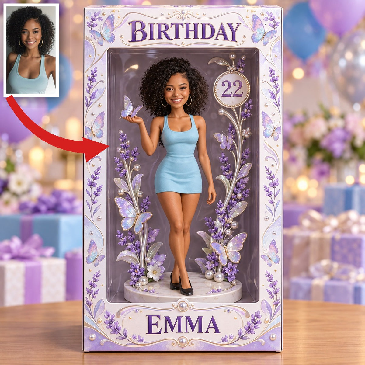 Boîte d'Affichage d'Anniversaire Personnalisée - Figurine Portrait avec Papillon Lavande, Nom et Âge