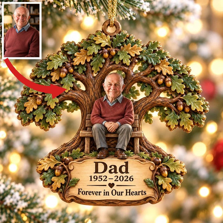 Personalized Custom Photo Dad Memorial Oak Tree Bench Layered Wood Ornament - Christmas Remembrance Keepsake