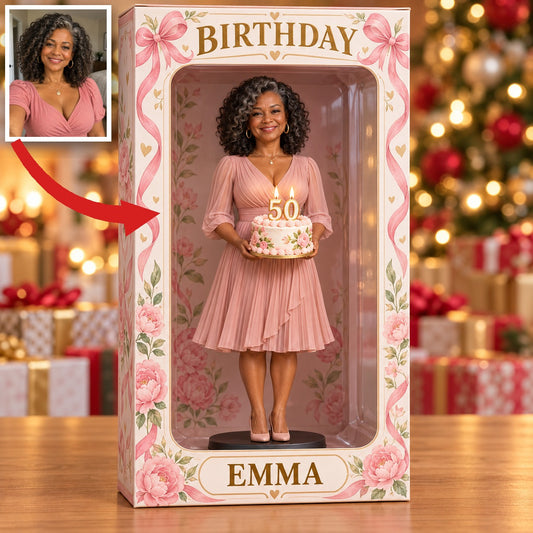Boîte d'affichage figurine ruban rose photo personnalisée - Cadeau d'anniversaire 50 ans pour femmes