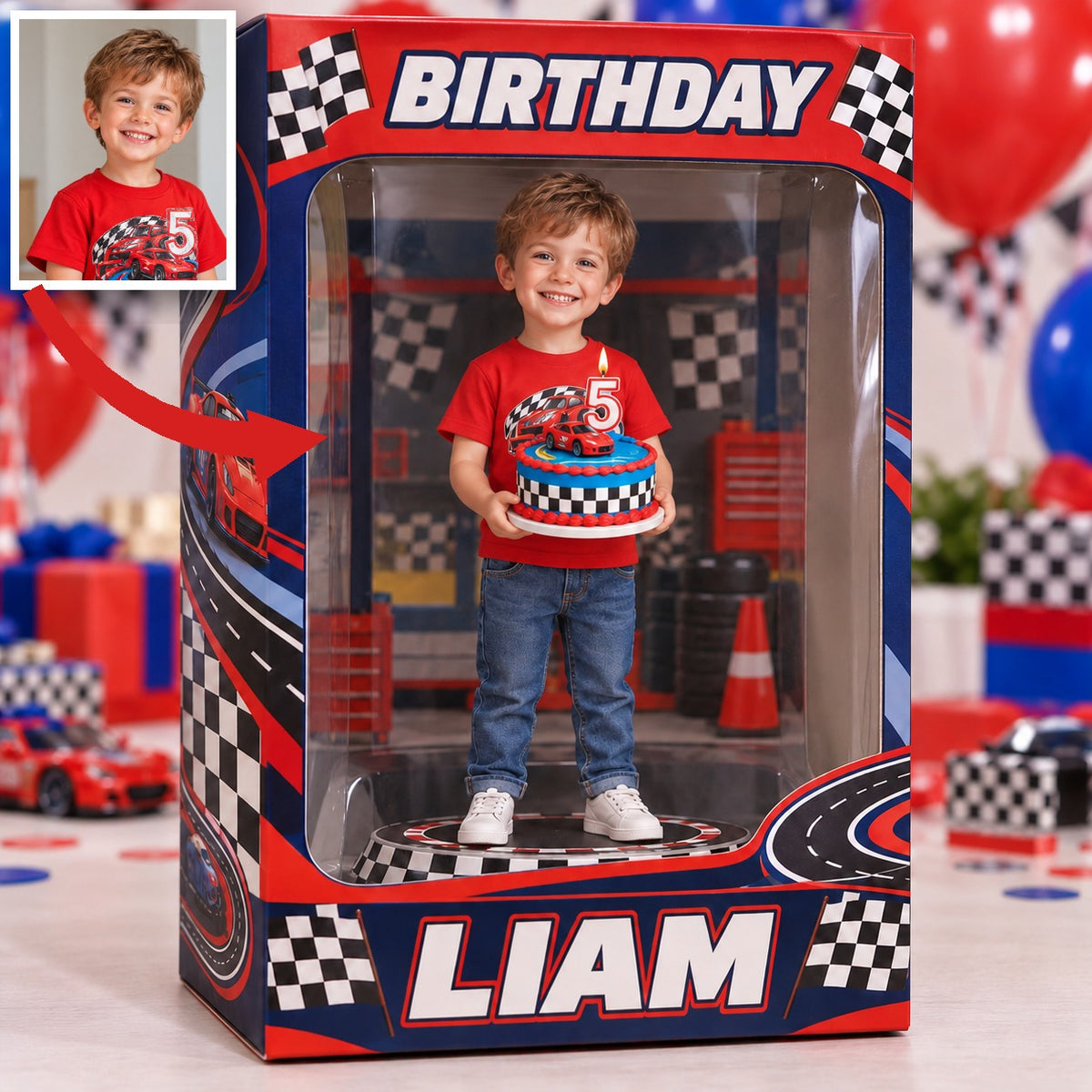 Boîte d'affichage acrylique personnalisée avec photo de voiture de course - Cadeau d'anniversaire pour garçon de 5 ans