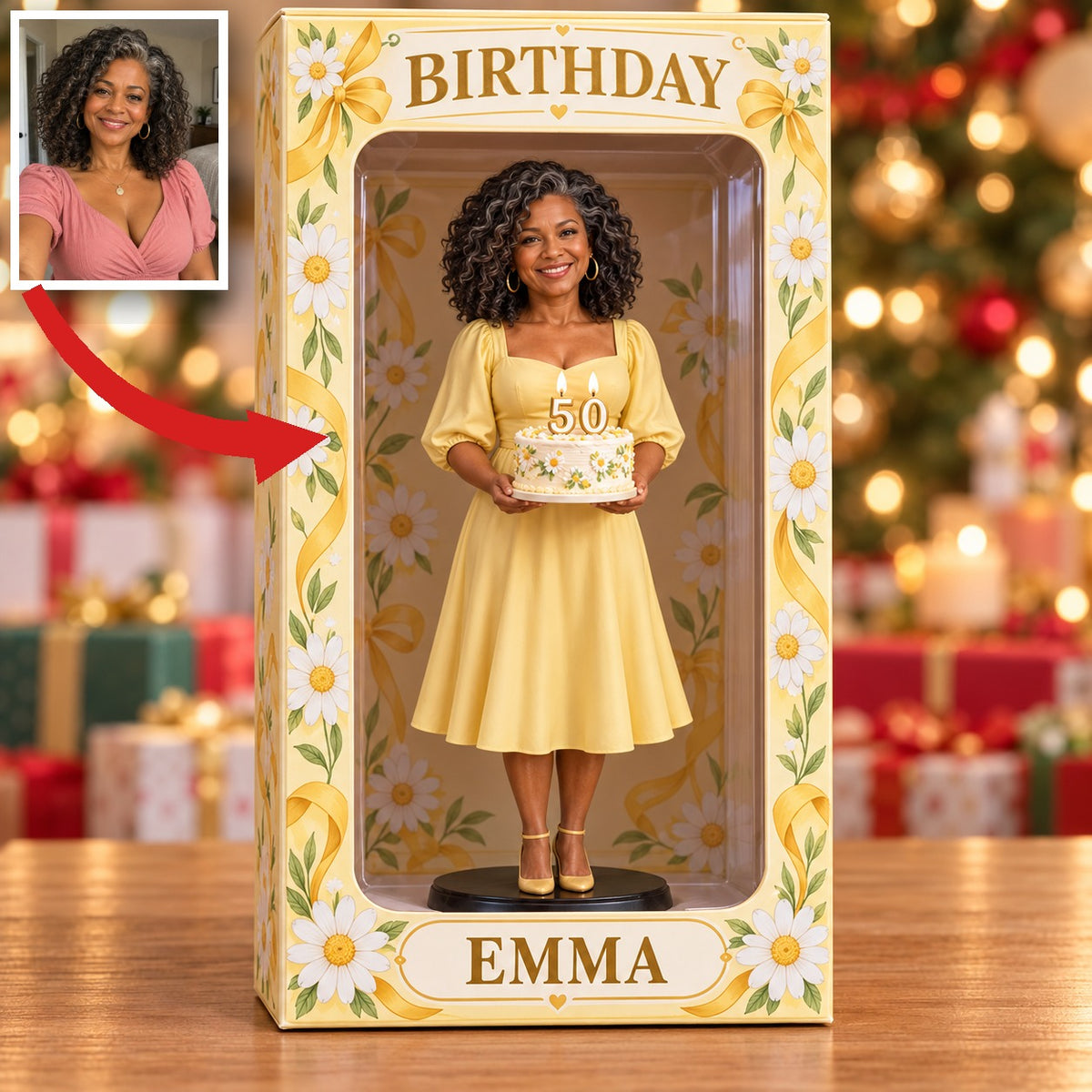 Boîte d'affichage figurine photo personnalisée Marguerite - Cadeau d'anniversaire 50 ans pour femmes