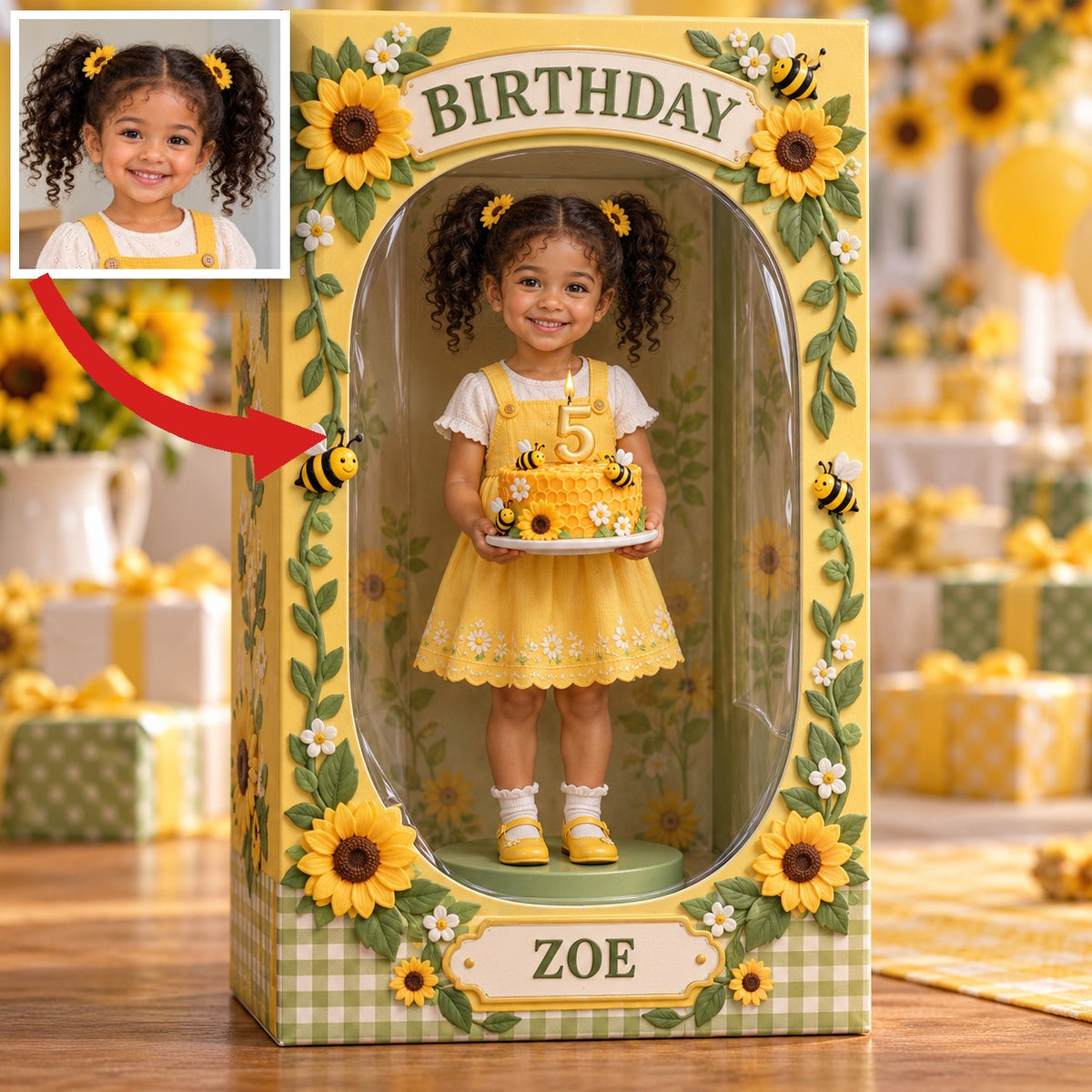 Boîte d'Affichage Acrylique Personnalisée Photo Tournesol Abeille - Cadeau d'Anniversaire pour Filles