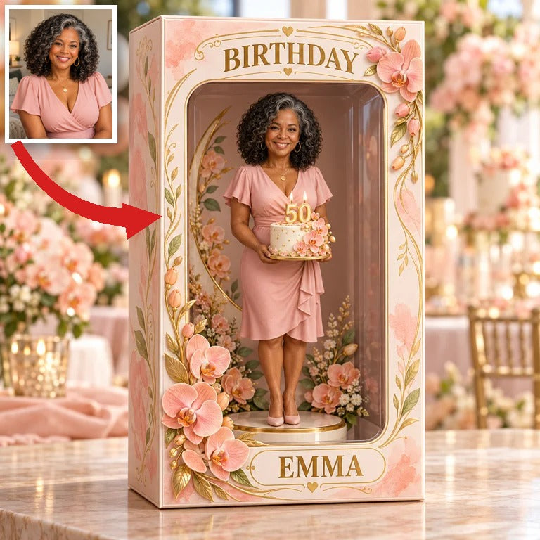 Personalized Custom Photo Peach Orchid Figurine in Acrylic Display Box - 50th Birthday Gift for Women
