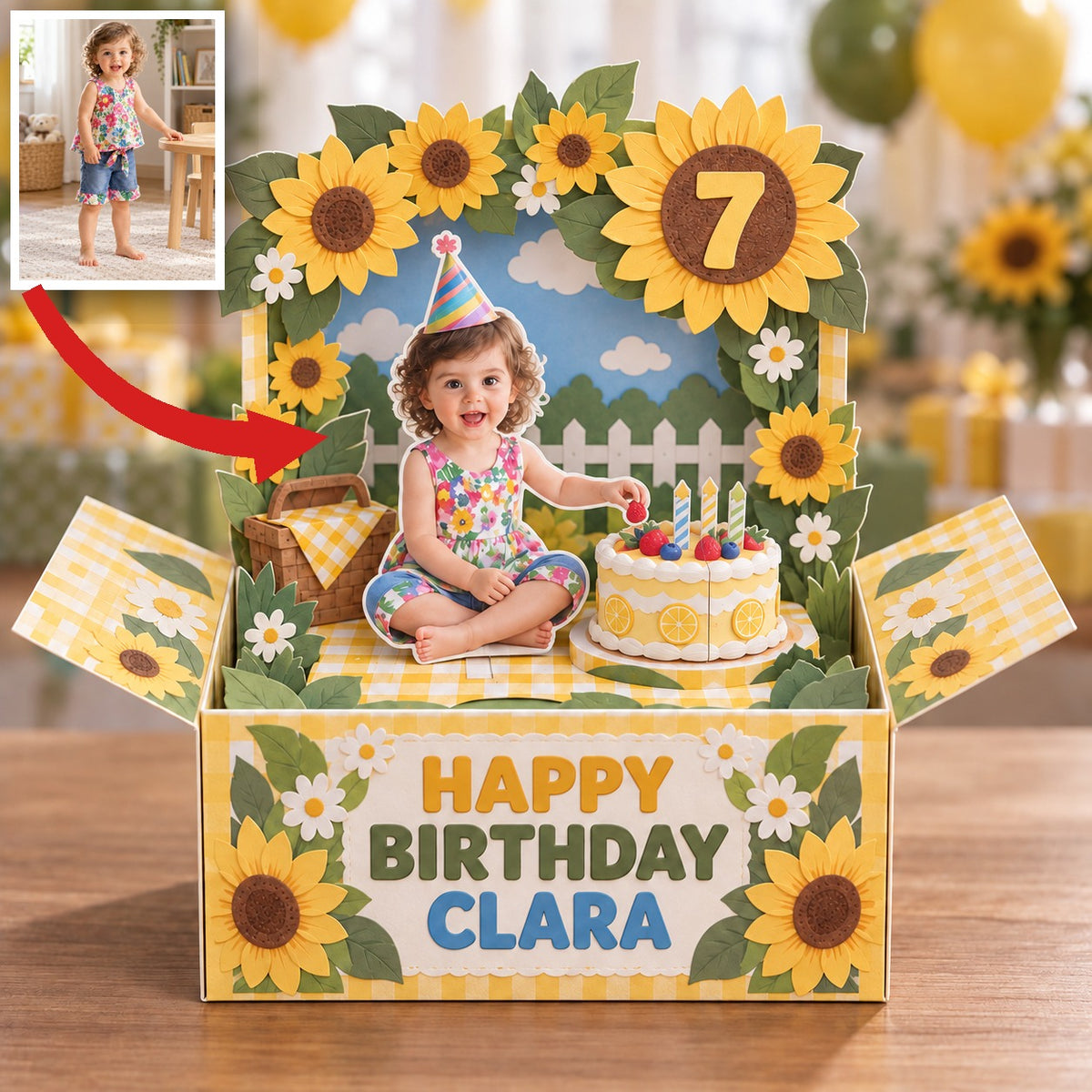 Personalized Sunflower Pop-Up Box Card - Birthday Cake Picnic with Custom Photo, Name and Age