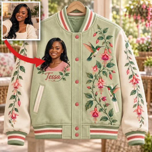Personalized Hummingbird Varsity Jacket - Women's Floral Photo Portrait