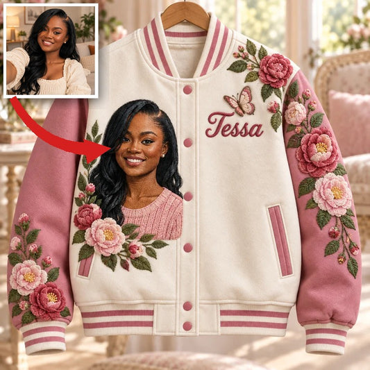 Personalized Camellia Varsity Jacket - Women's Embroidered Portrait and Name Design