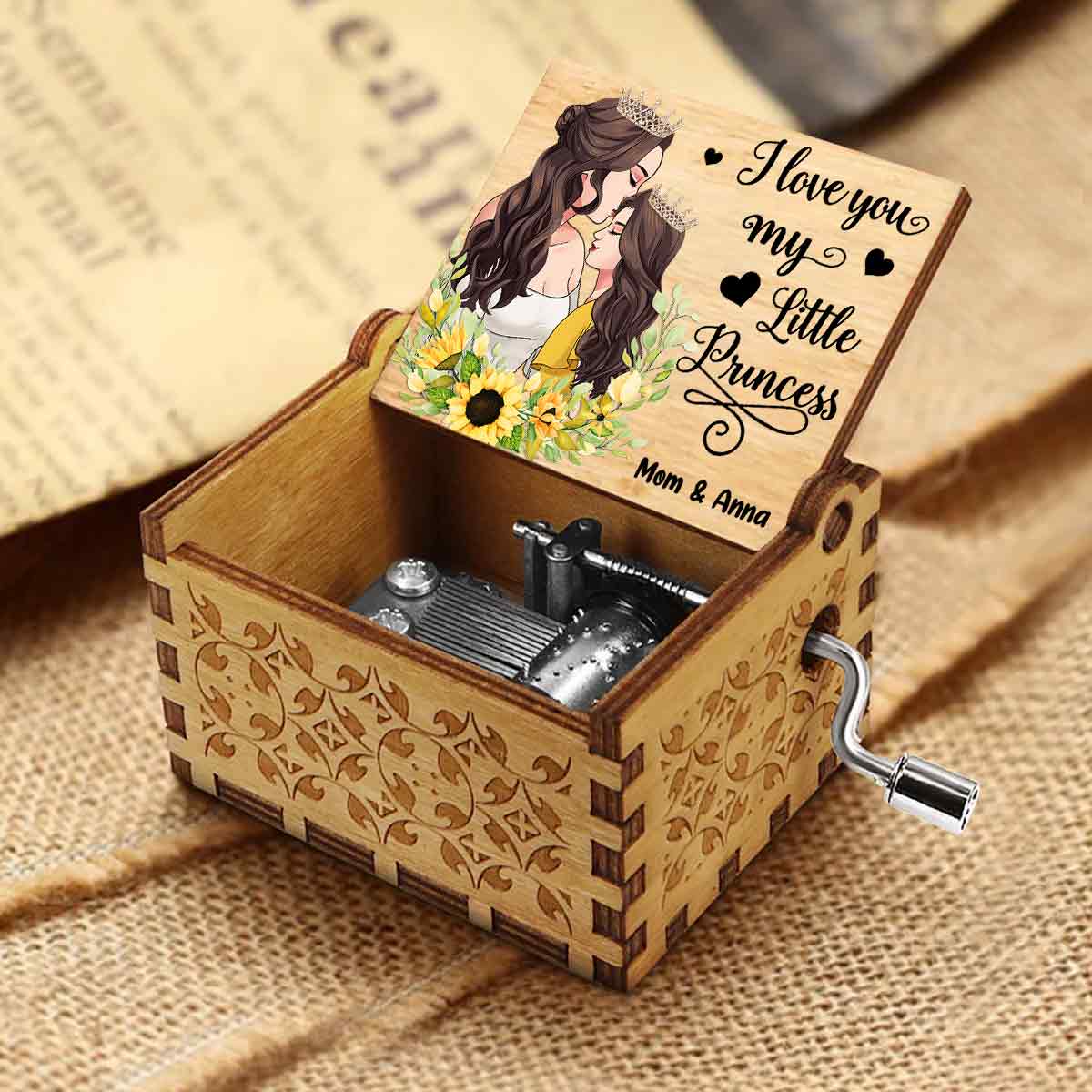 Je t'aime ma petite princesse - Cadeau pour maman, fille, fils, petite-fille, petit-fils - Boîte à musique à manivelle personnalisée