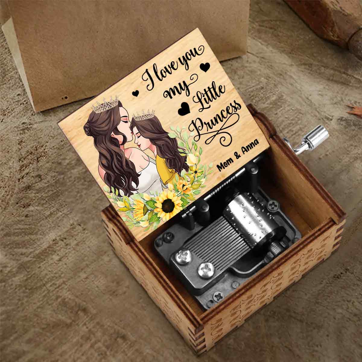 Je t'aime ma petite princesse - Cadeau pour maman, fille, fils, petite-fille, petit-fils - Boîte à musique à manivelle personnalisée