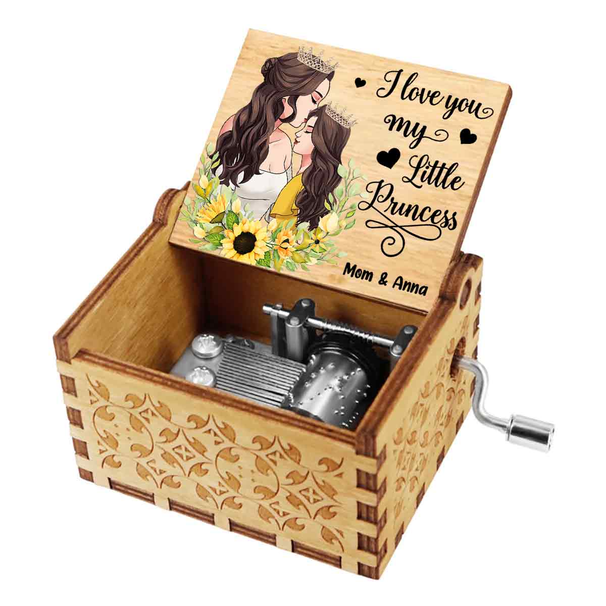 Je t'aime ma petite princesse - Cadeau pour maman, fille, fils, petite-fille, petit-fils - Boîte à musique à manivelle personnalisée
