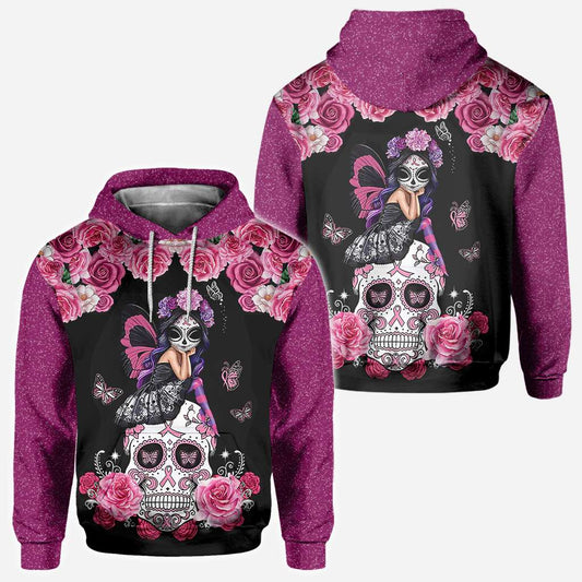 T-shirt et sweat à capuche « Tête de mort mexicaine et ruban rose » – Sensibilisation au cancer du sein (0822)