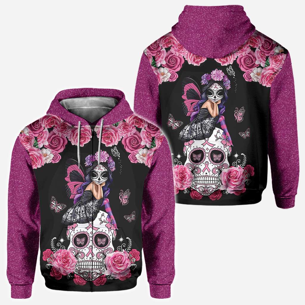 T-shirt et sweat à capuche « Tête de mort mexicaine et ruban rose » – Sensibilisation au cancer du sein (0822)