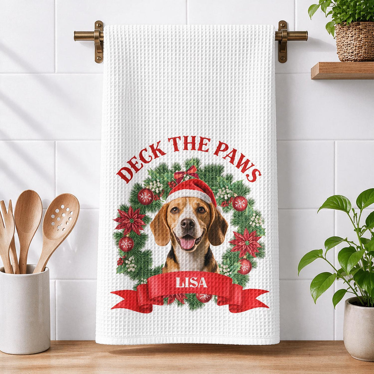 Torchon de Cuisine Beagle de Noël Personnalisé - Cadeau de Fête pour Maman Chien