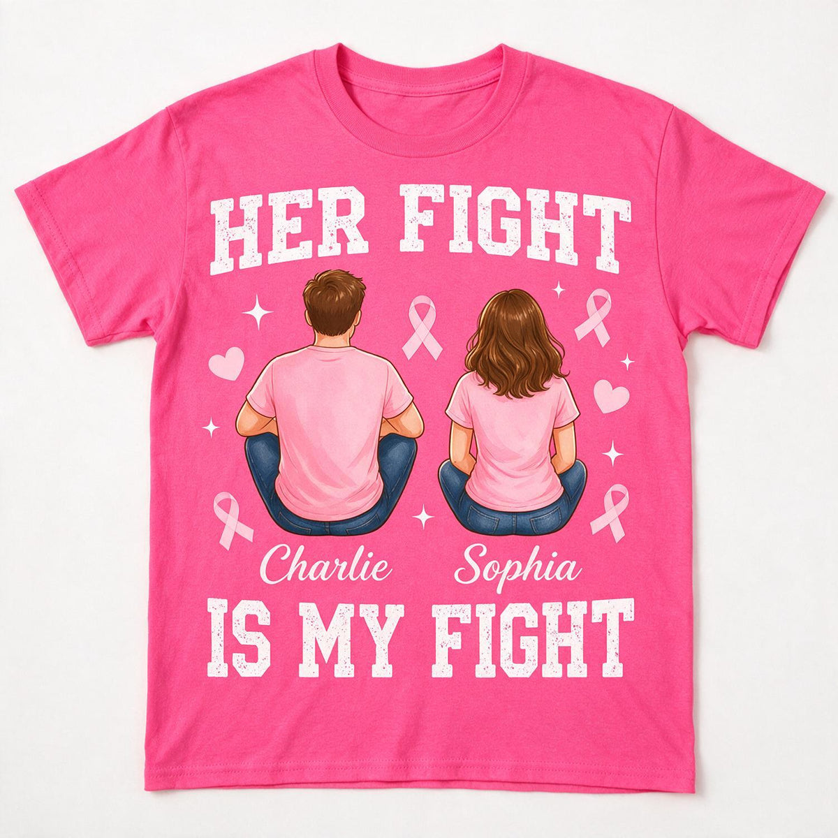 T-shirt Couple Personnalisé pour la Sensibilisation au Cancer du Sein - Son Combat est Mon Combat