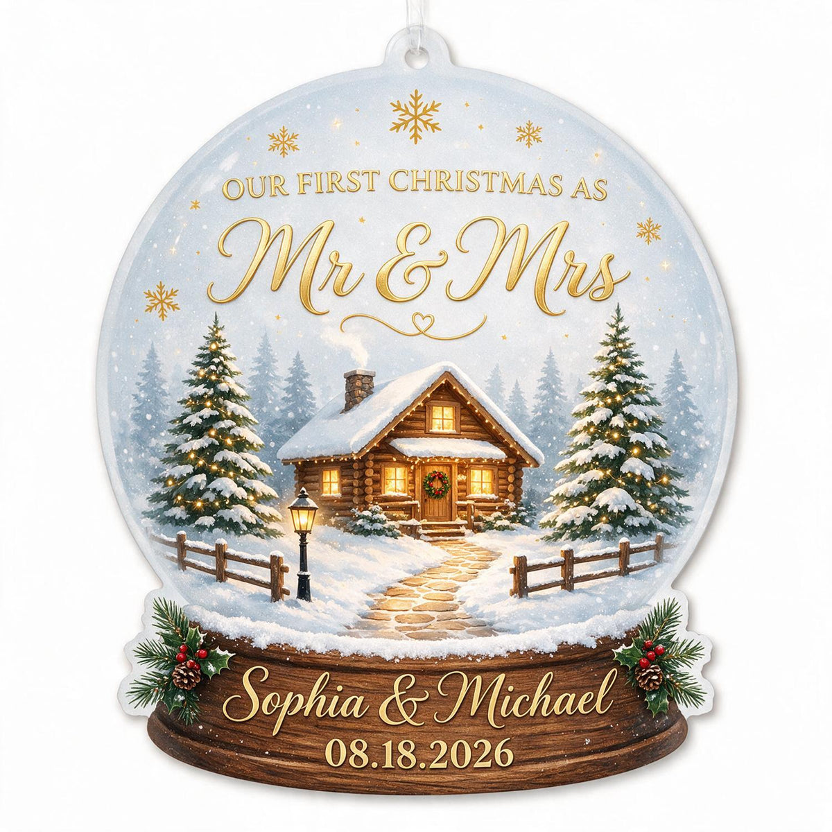 Personalized First Christmas Mr & Mrs Snow Globe Cabin Acrylic Ornament Newlywed Gift