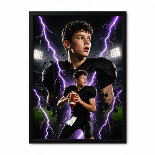 Custom Photo Teen Football Player Lightning Bootleg Poster - Young Athlete Gift
