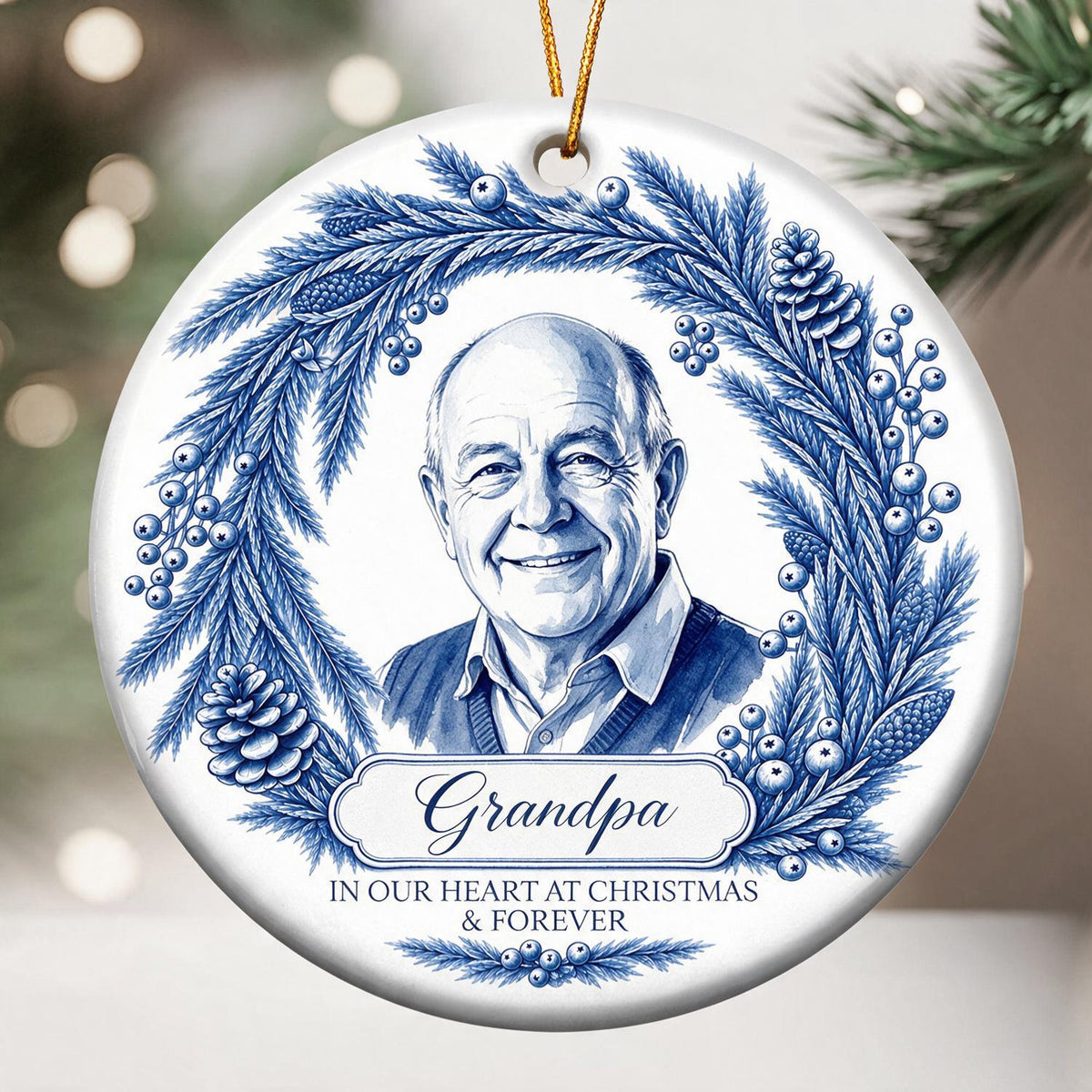 Personalized Christmas Memorial Grandpa Photo Ornament, Blue Willow Keepsake Gift