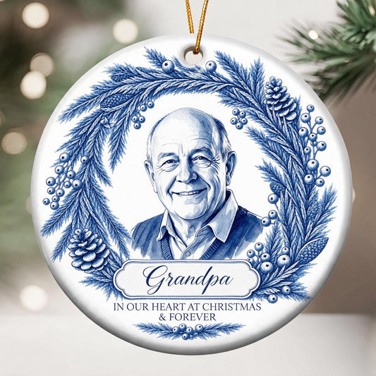 Personalized Christmas Memorial Grandpa Photo Ornament, Blue Willow Keepsake Gift