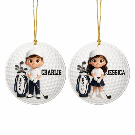 Personalized Christmas Cute Kid Golfer Golf Ball Shaped Acrylic Ornament, Golf Lover Gift