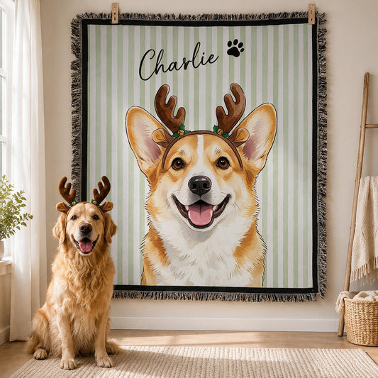 Personalized Christmas Smiling Corgi Reindeer Striped Woven Blanket, Custom Pet Portrait Gift